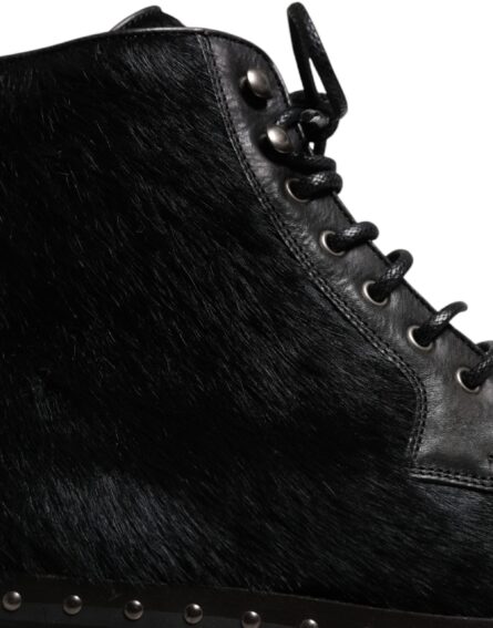 Black Pony Style Leather Mid Calf Boots Shoes - Image 7