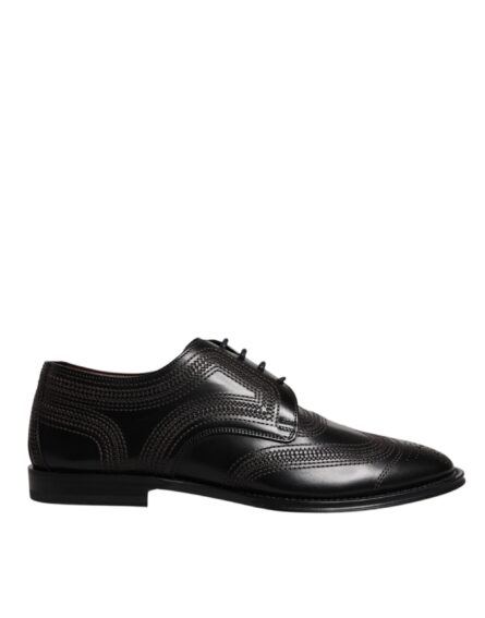 Black Embroidered Classic Leather Derby Dress Shoes - Image 5