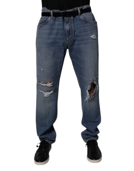 Blue Tattered Cotton Straight Denim Jeans - Image 2