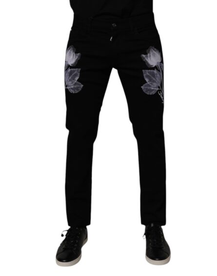 Black Floral Cotton Skinny Men Denim Jeans - Image 2