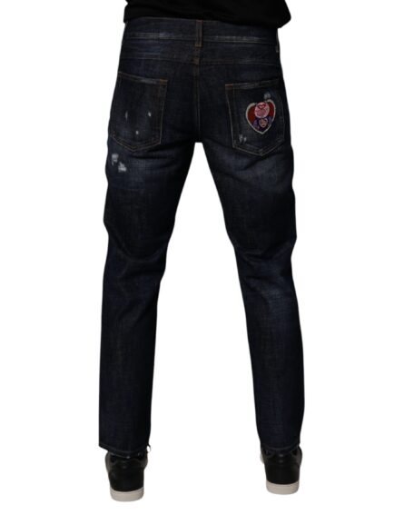 Dark Blue Cotton Tattered Skinny Denim Jeans - Image 4