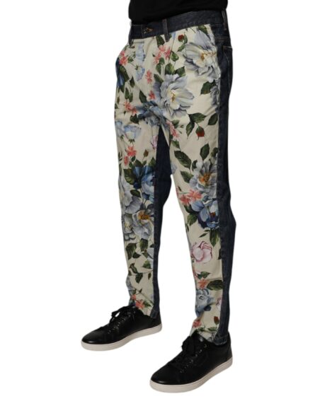 Beige Blue Floral Cotton Men Denim Jeans - Image 3