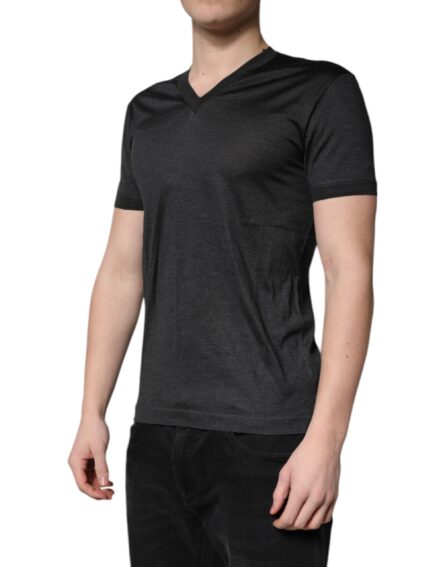 Dark Gray Silk V-neck Short Sleeves T-shirt - Image 3
