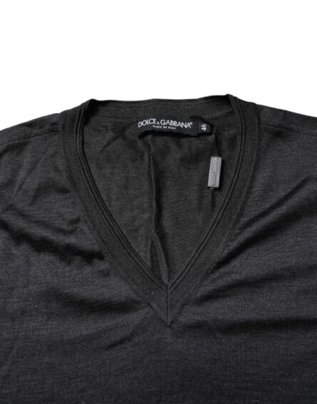 Dark Gray Silk V-neck Short Sleeves T-shirt - Image 6