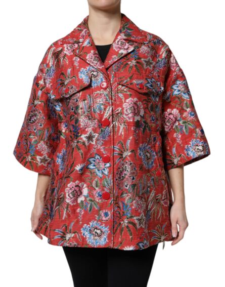 Red Floral Jacquard Button Down Coat Jacket - Image 2