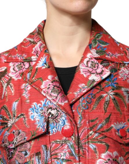 Red Floral Jacquard Button Down Coat Jacket - Image 5