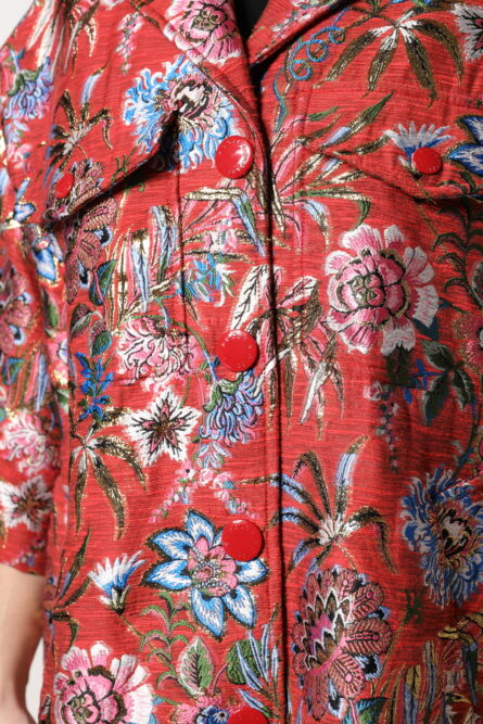 Red Floral Jacquard Button Down Coat Jacket - Image 7
