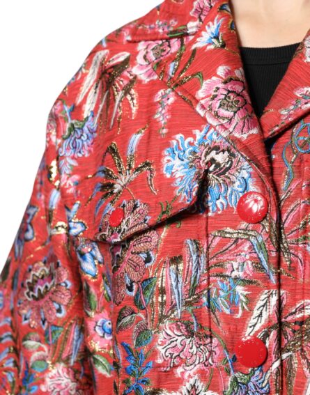 Red Floral Jacquard Button Down Coat Jacket - Image 8