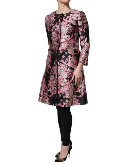 Pink Black Floral Brocade Trenchcoat Jacket - Image 2