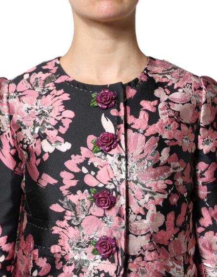 Pink Black Floral Brocade Trenchcoat Jacket - Image 5
