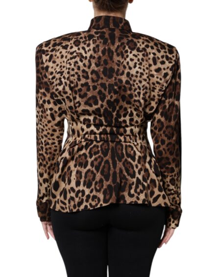 Brown Leopard Silk Button Down Coat Jacket - Image 3