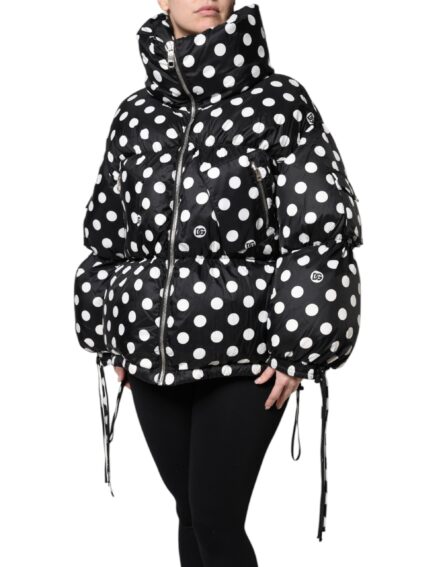 Black White Polka Dot Full Zip Puffer Jacket - Image 3