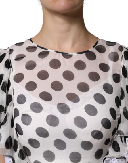 White Polka Dotted Silk Blend A-line Dress - Image 6