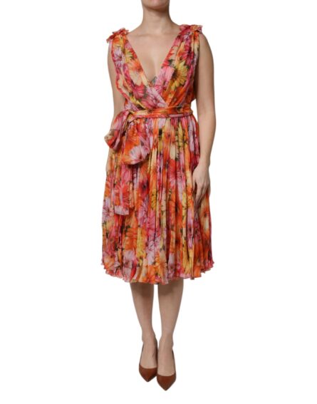Multicolor Floral Silk V-neck Chiffon Dress - Image 2
