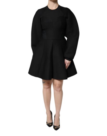 Black Cotton Long Sleeves A-line Mini Dress - Image 2