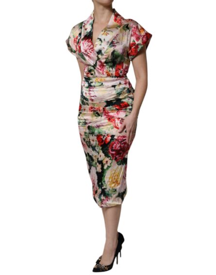 Multicolor Floral Short Sleeves Sheath Midi Dress - Image 3