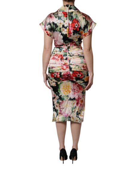 Multicolor Floral Short Sleeves Sheath Midi Dress - Image 4