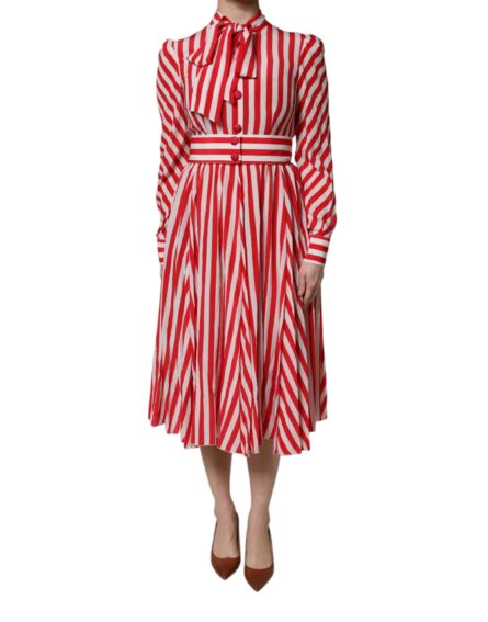 White Red Stripes Long Sleeves Midi Dress - Image 2