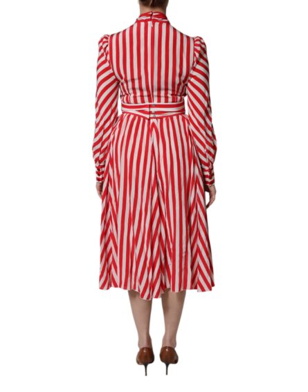 White Red Stripes Long Sleeves Midi Dress - Image 4