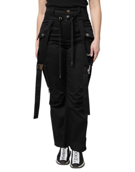 Black Cotton High Waist Cargo Pants - Image 2