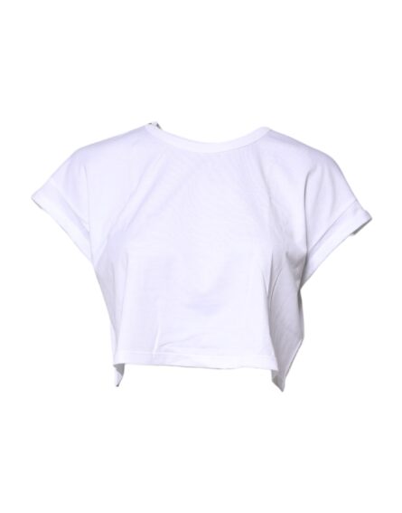 White Cotton Crew Neck Cropped T-shirt Top - Image 2