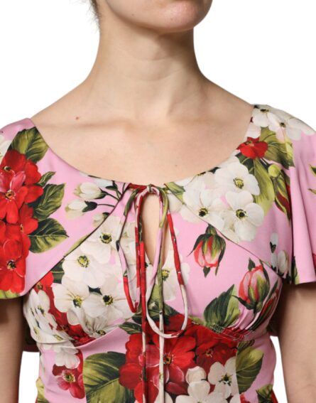 Pink Floral Silk Short Sleeves Blouse Top - Image 5