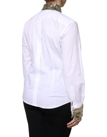 White Cotton Long Sleeves Sequin Shirt Top - Image 5