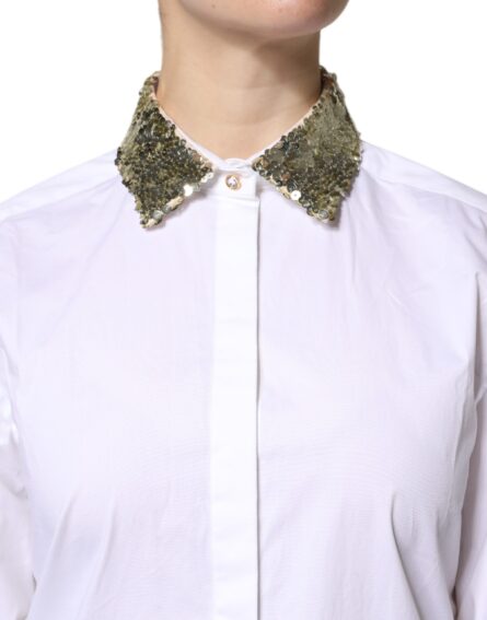 White Cotton Long Sleeves Sequin Shirt Top - Image 7