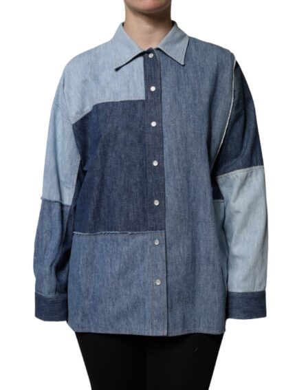 Blue Cotton Button Up Collared Long Sleeve Top - Image 2