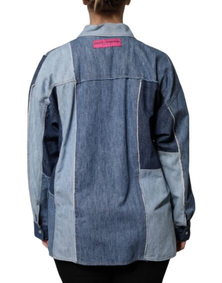 Blue Cotton Button Up Collared Long Sleeve Top - Image 4