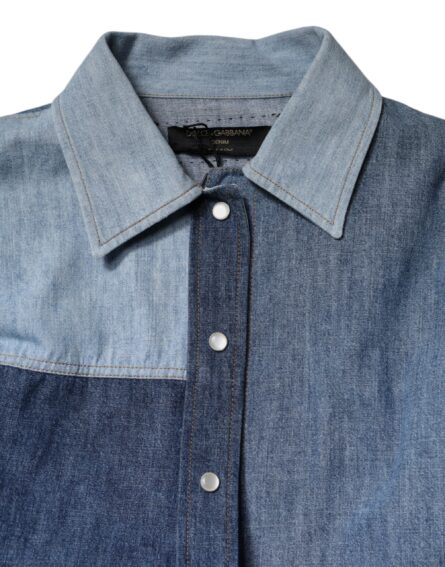 Blue Cotton Button Up Collared Long Sleeve Top - Image 7