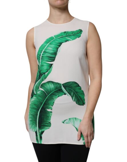 White Banana Leaf Print Round Neck Tank Top - Image 2