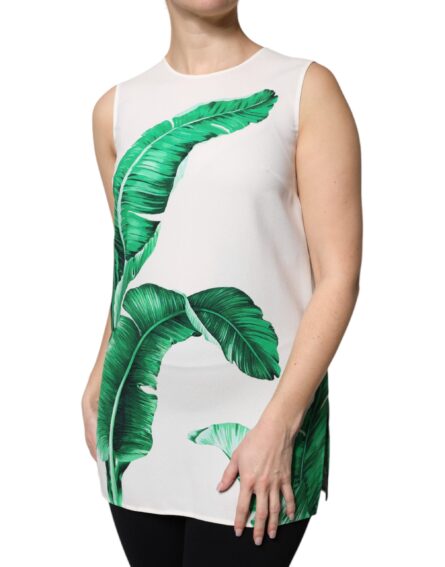 White Banana Leaf Print Round Neck Tank Top - Image 3