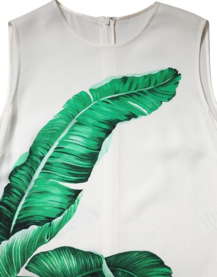 White Banana Leaf Print Round Neck Tank Top - Image 7