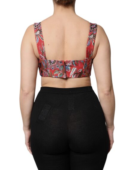 Red Floral Brocade Cropped Bustier Corset Top - Image 4
