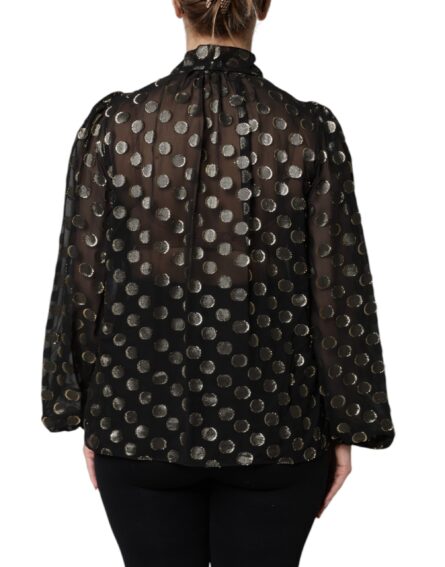 Black Sheer Tied Neck Polka Dots Blouse Top - Image 4
