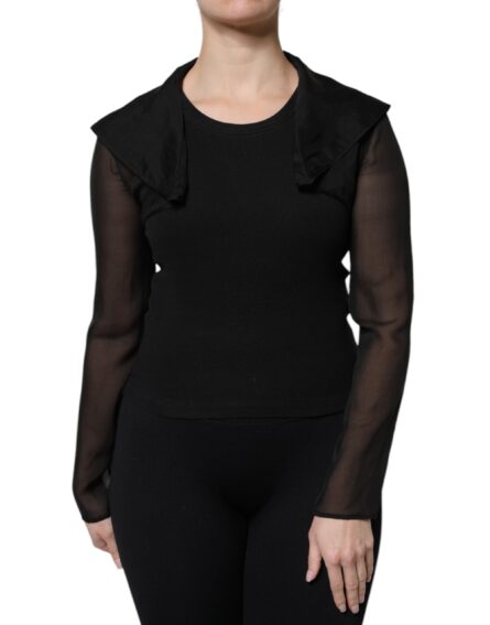Black Silk Sheer Long Sleeves Blouse Top - Image 2