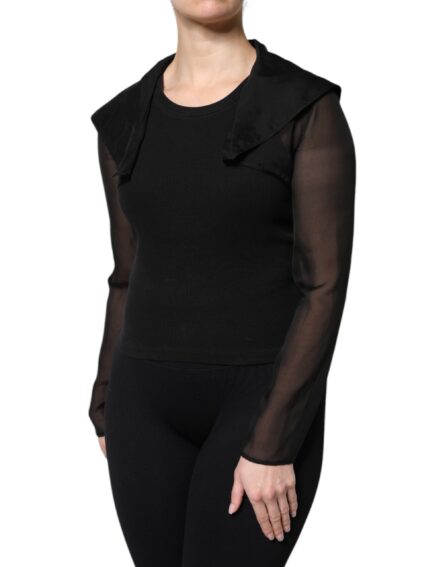 Black Silk Sheer Long Sleeves Blouse Top - Image 3