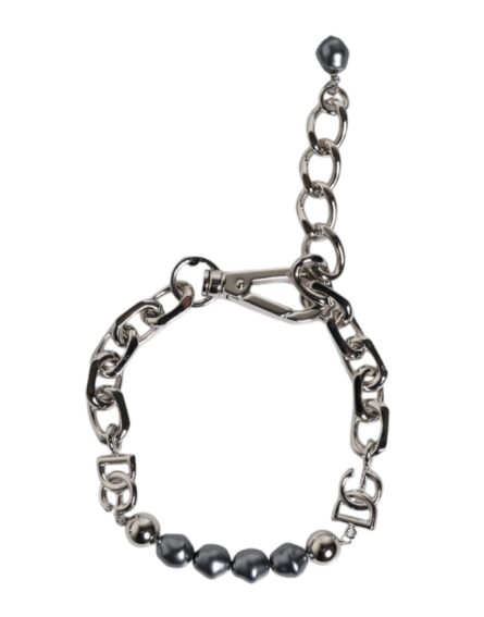 Silver Tone Chain Lobster Clasp Logo Gray Pearls Bracelet - Image 2