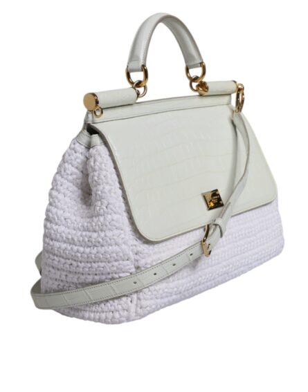 White Rafia Leather Top Handle Crossbody Bag - Image 4