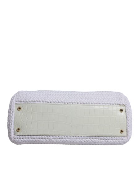 White Rafia Leather Top Handle Crossbody Bag - Image 6