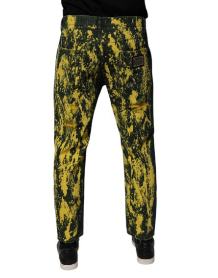 Black Yellow Tie Dye Tattered Skinny Men Denim Jeans - Image 4
