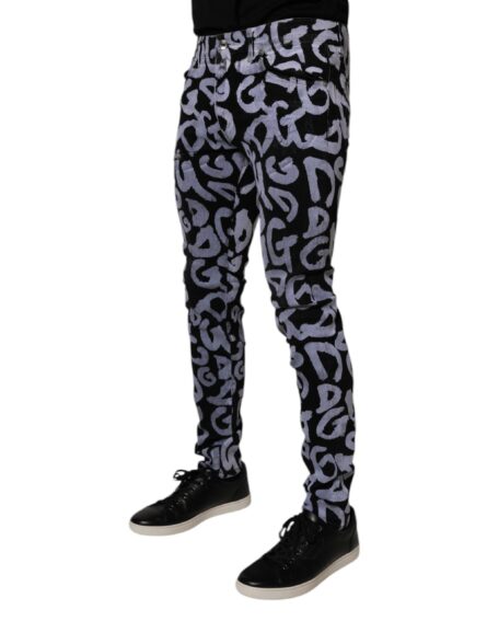Black Logo Monogram Cotton Skinny Denim Jeans - Image 3