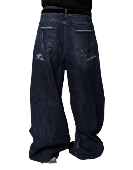 Dark Blue Tattered Wide Leg Men Denim Jeans - Image 9