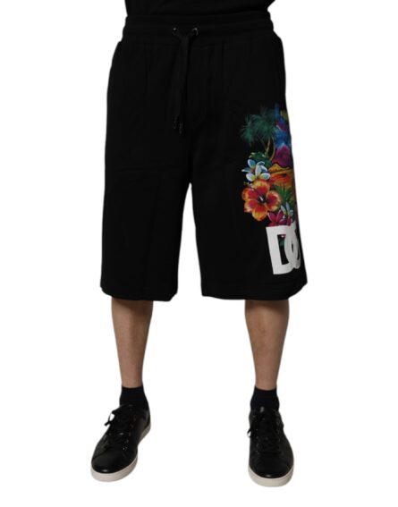 Black Cotton Logo Floral Print Bermuda Shorts - Image 6