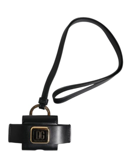 Black Leather Strap Gold Metal Logo Plaque Airpods Case - Image 2