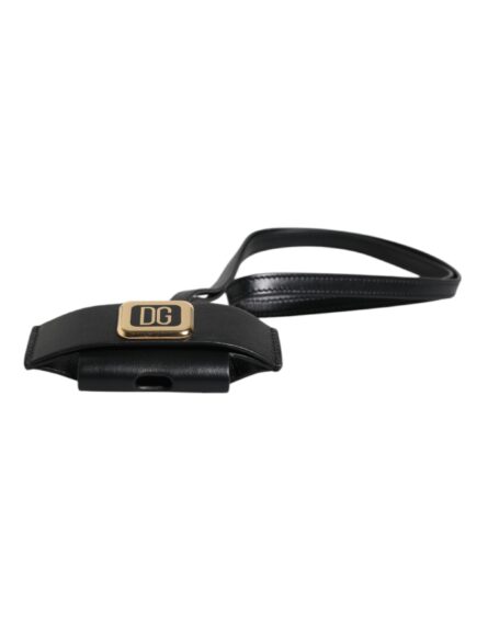 Black Leather Strap Gold Metal Logo Plaque Airpods Case - Image 5
