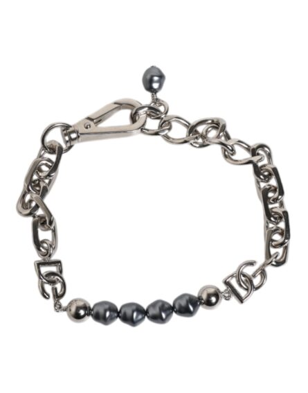 Silver Tone Chain Lobster Clasp Logo Gray Pearls Bracelet - Image 5