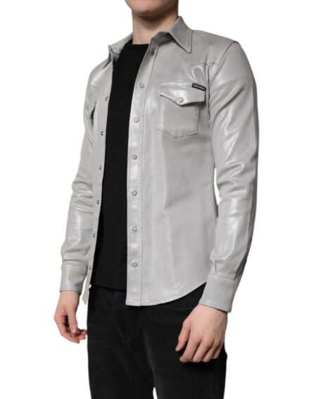Metallic Gray Cotton Button Down Shirt - Image 3