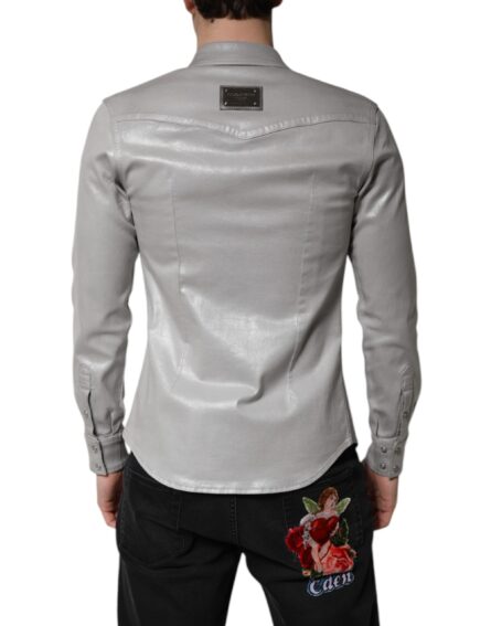 Metallic Gray Cotton Button Down Shirt - Image 4